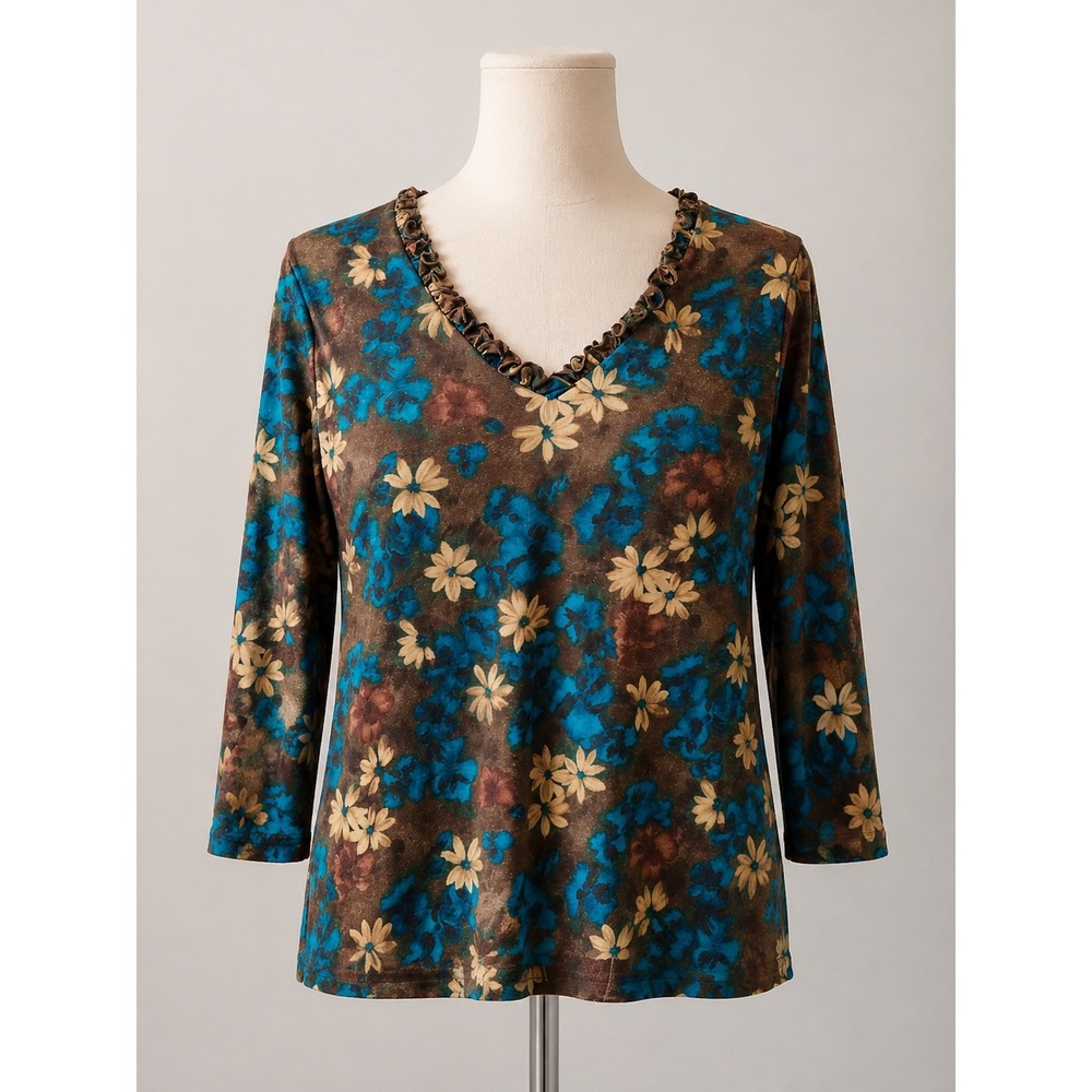 Vintage Y2K Erena Top Size XL Brown Blue Floral Ruffle Keyhole 3/4 Sleeve Top